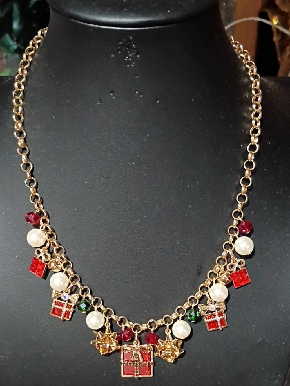 Gold-Tone Holiday Charm Necklace with Red, Green & Pearl Accents